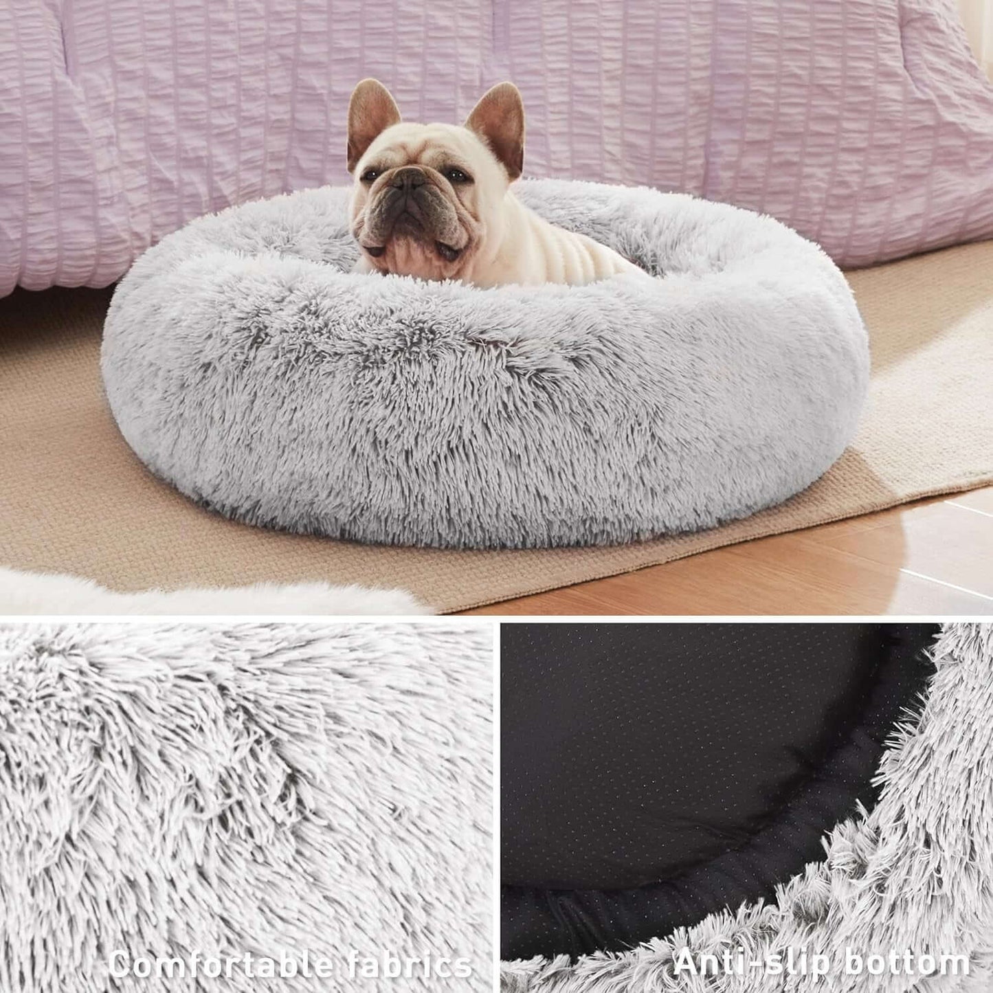 Calming Cat Bed for Indoor Cats,Anti-Anxiety Donut round Dog Bed,Fluffy Faux Fur Washable Pet Bed for Small Medium Dogs and Cats,Grey,24In