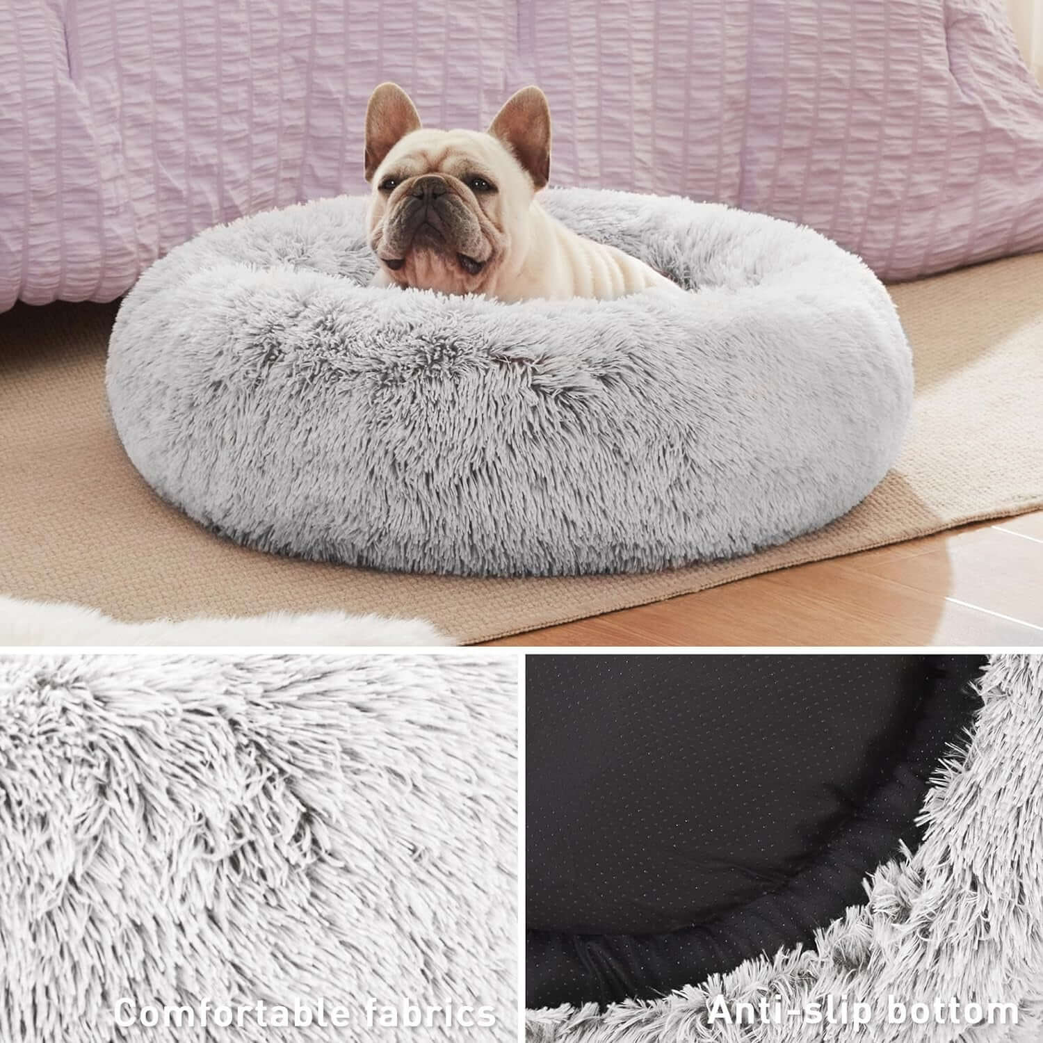 Calming Cat Bed for Indoor Cats,Anti-Anxiety Donut round Dog Bed,Fluffy Faux Fur Washable Pet Bed for Small Medium Dogs and Cats,Grey,24In