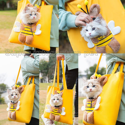Bee-Shaped Show Head Pet Canvas Shaped Shoulder Bag，Pet Out Bag, Outcrop, Pet Out Shoulder Bag. (Bee-Large)