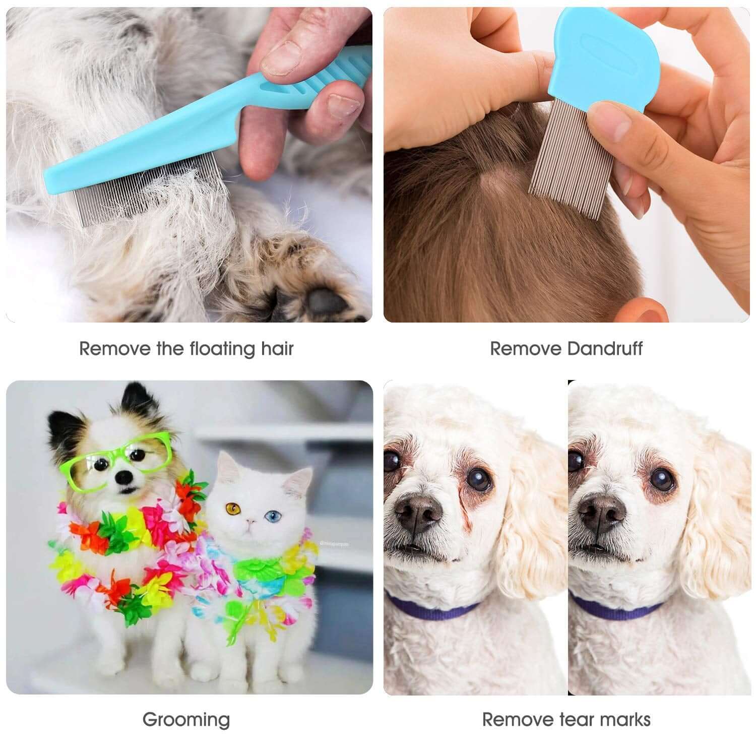 Cat & Dog Grooming Set - Fine Tooth Comb for Removing Dandruff Flakes & Hair (Blue)
