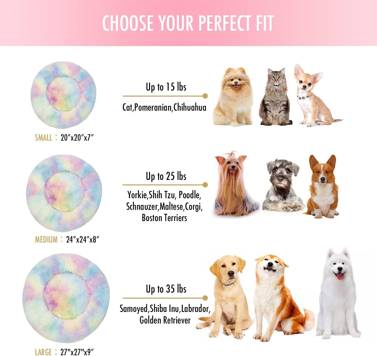 Anti Anxiety round Fluffy Plush Faux Fur Warm Washable Dog Bed & Cat Bed, Original Bed for Small Medium Large Pets,Used to Relieve Joints and Improve Sleep（20"/24"/27''） (20", Rainbow)