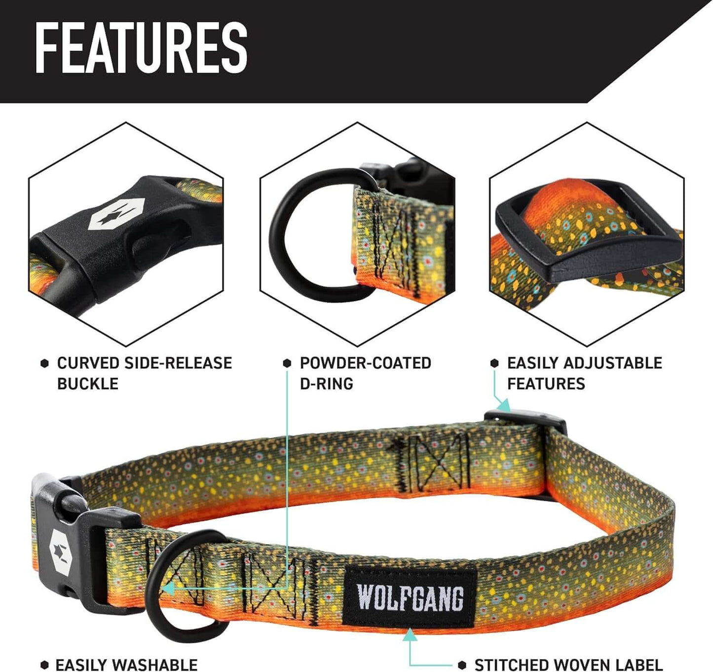 Wolfgang Heavy Duty, Adjustable Dog Collar with Quick Release Nylon Buckle for Walking & Training, Brooktrout Print, Small