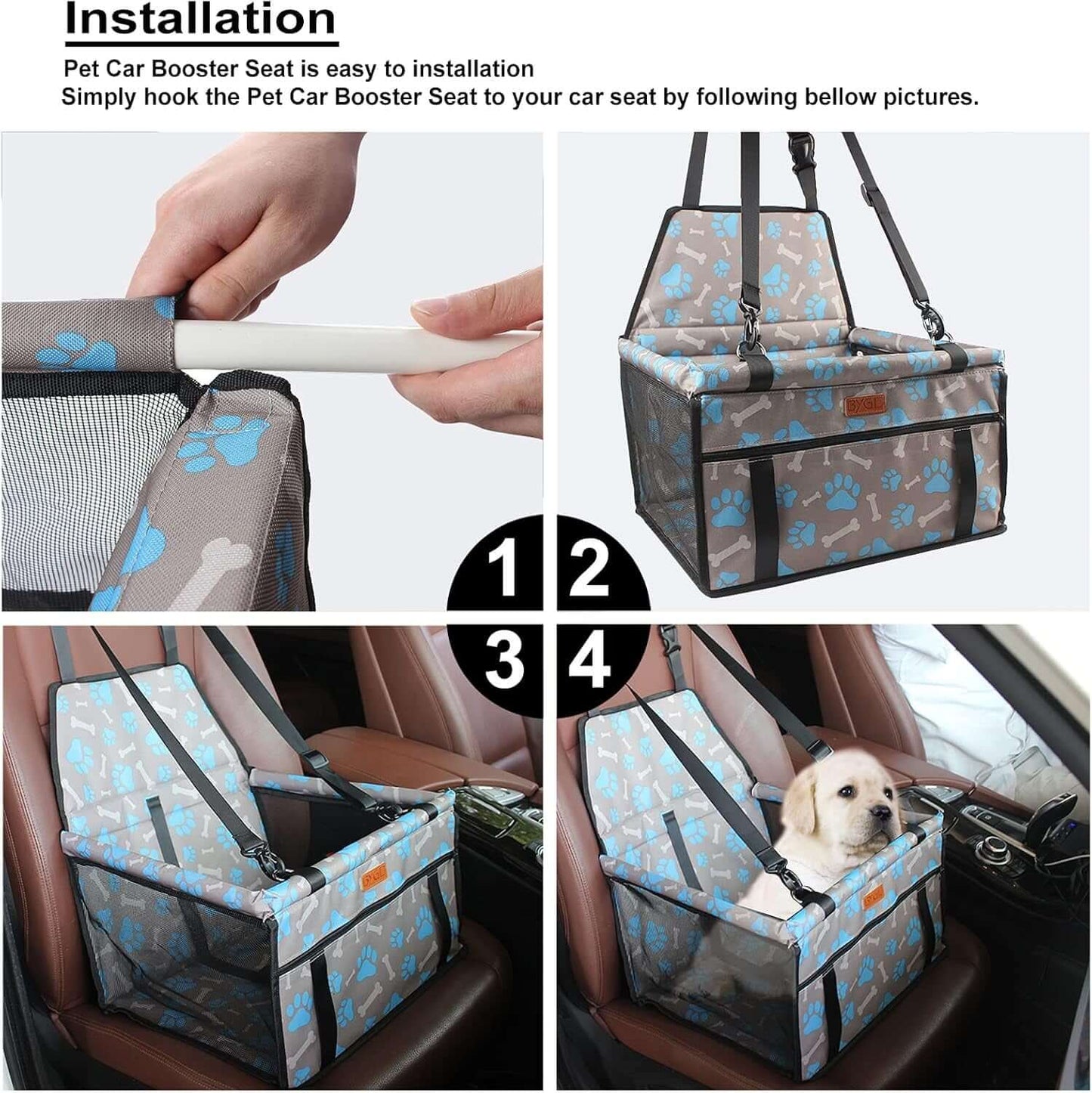 Pet Dog Booster Seat with Support Rod, Breathable & Foldable Car Basket, Suitable for Small & Medium Pets (Blue & Gray)