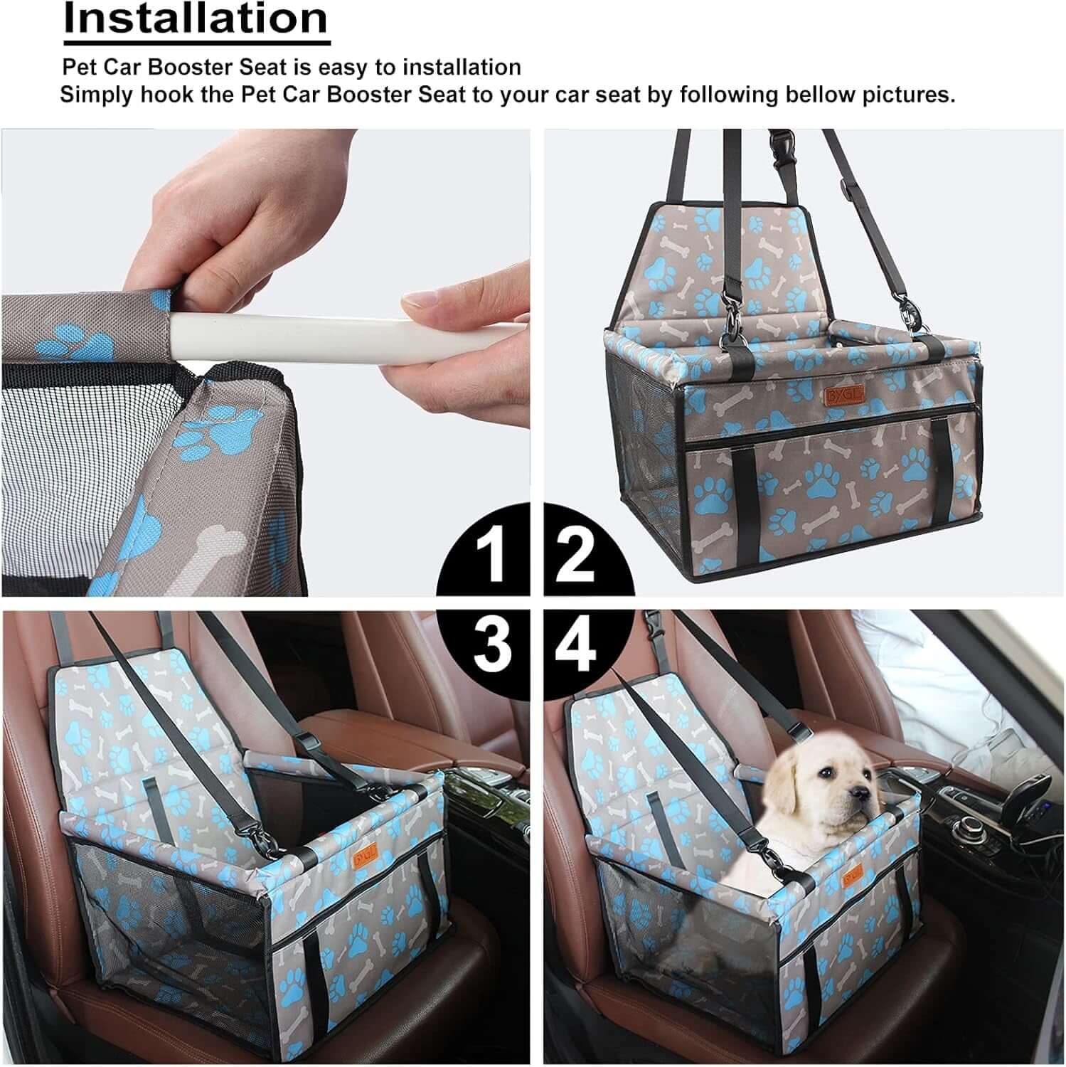 Pet Dog Booster Seat with Support Rod, Breathable & Foldable Car Basket, Suitable for Small & Medium Pets (Blue & Gray)