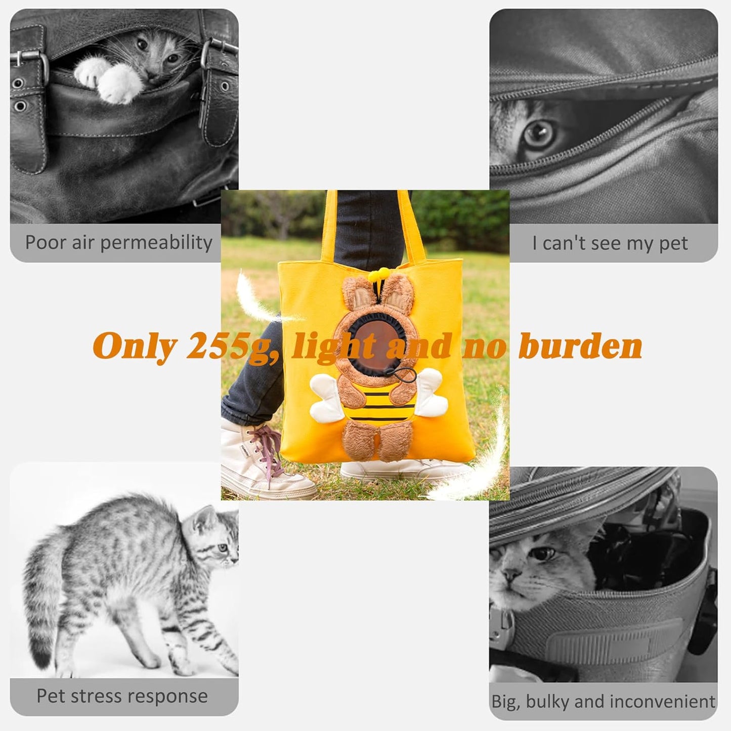 Bee-Shaped Show Head Pet Canvas Shaped Shoulder Bag，Pet Out Bag, Outcrop, Pet Out Shoulder Bag. (Bee-Large)