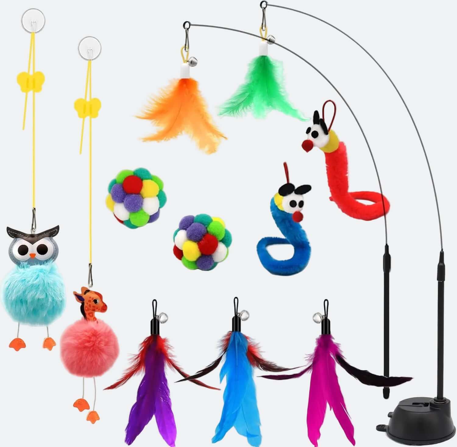4-In-1 Interactive Cat Toys Set with Suction Cup Wand, Hanging Cat Toys, Fishing Pole Cat Wand & Kitten Balls- Includes Variety Replaceable Worms, Feathers for Indoor Bored Cats for Exercise